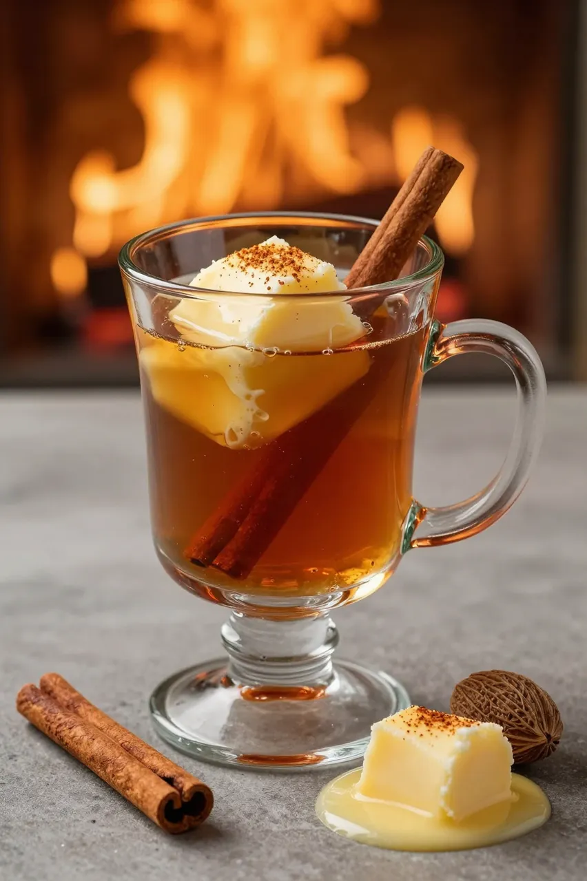 Glass mug of hot buttered rum with spices sits on a counter in front of a glowing fireplace