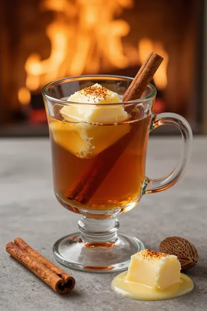 Glass mug of hot buttered rum with spices sits on a counter in front of a glowing fireplace