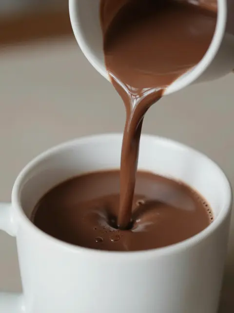 Creamy hot chocolate pours from a small white pitcher into a larger white mug