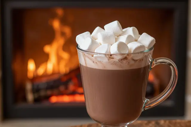 A glass mug of hot chocolate piled high with marshmallows sits in front of a glowing burning fireplace