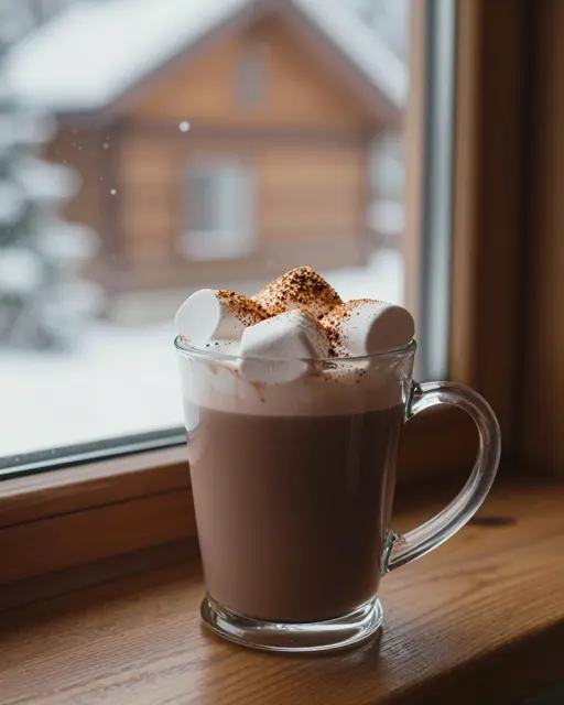 A glass mug of hot chocolate topped with toasted marshmallows sits on a wooden windowsill overlooking a snowy cabin exterior.
