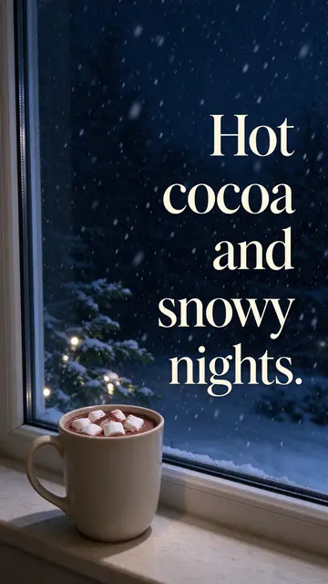 A white mug of hot cocoa with marshmallows rests on a windowsill while snow falls outside, with the text "Hot cocoa and