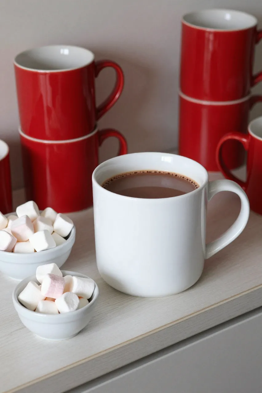 Arrangement of hot cocoa, marshmallow bowls and stacked red mugs on a light wood sideboard