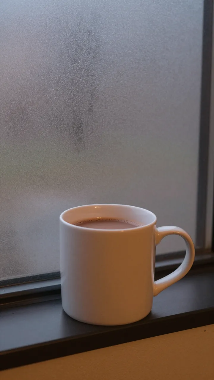 A plain white mug of cocoa rests on a windowsill in front of a fogged glass pane.