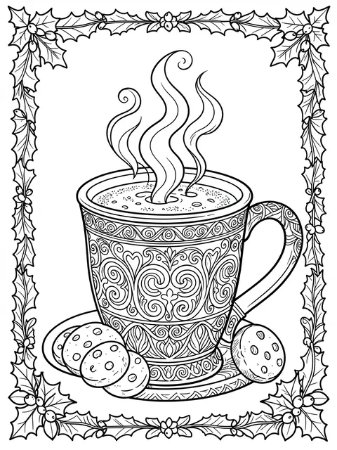 Black and white line art of an intricate hot cocoa mug with steam, cookies, and a holly border on a white background