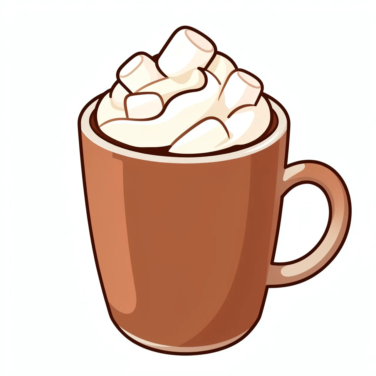 A cartoon style brown mug filled with hot cocoa, topped with whipped cream and marshmallows on a plain white background