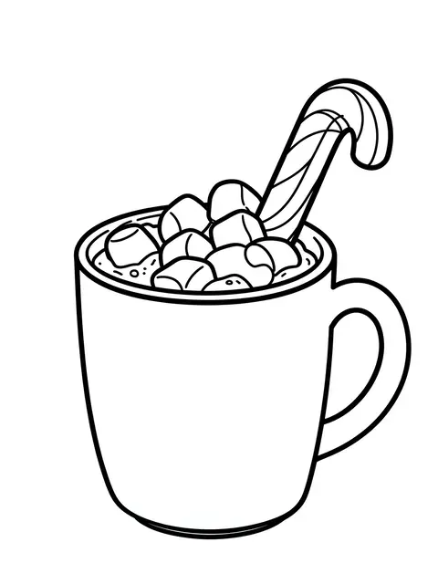 Black and white line art of a mug of hot cocoa topped with marshmallows and a candy cane.