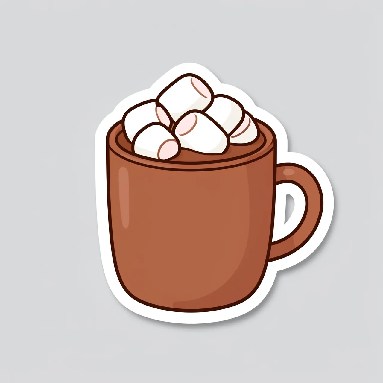 Die-cut sticker illustration of a brown mug of hot cocoa topped with marshmallows on a light gray background