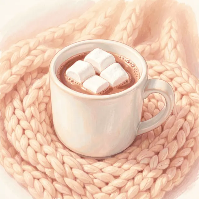 White ceramic mug of hot cocoa topped with marshmallows rests on a soft chunky knitted blanket