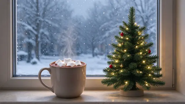 Steaming mug of hot cocoa with marshmallows sits beside a lit small Christmas tree on a windowsill as snow falls outside.