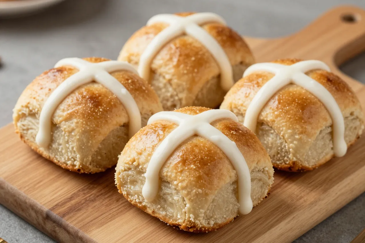 Four iced hot cross buns arranged neatly on a light wooden serving board.