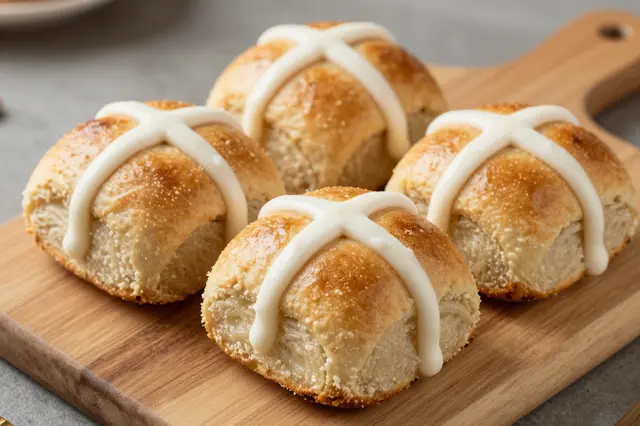 Four iced hot cross buns arranged neatly on a light wooden serving board.