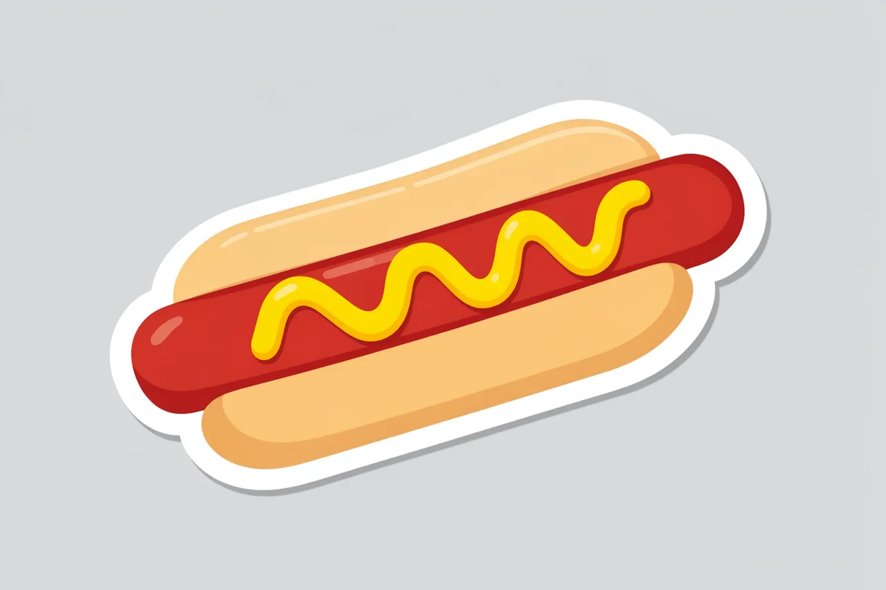 A cute flat die-cut sticker of a hot dog with a mustard zigzag, thick white border, on a plain light gray background