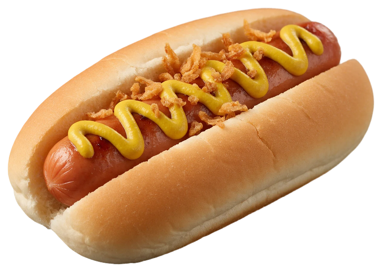 A hot dog in a soft bun topped with zigzag yellow mustard and crispy fried onion bits, viewed from three-quarter angle