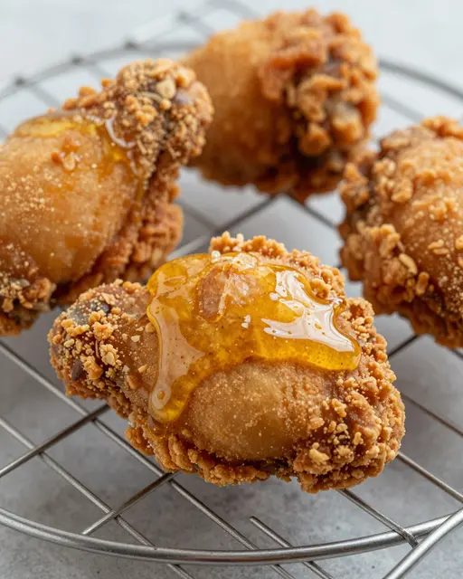 Close-up of crispy fried chicken with hot honey drizzle resting on a metal wire cooling rack