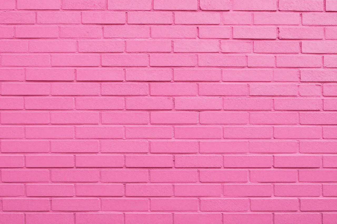 A full frame view of a wall of bricks painted a uniform bright hot pink.