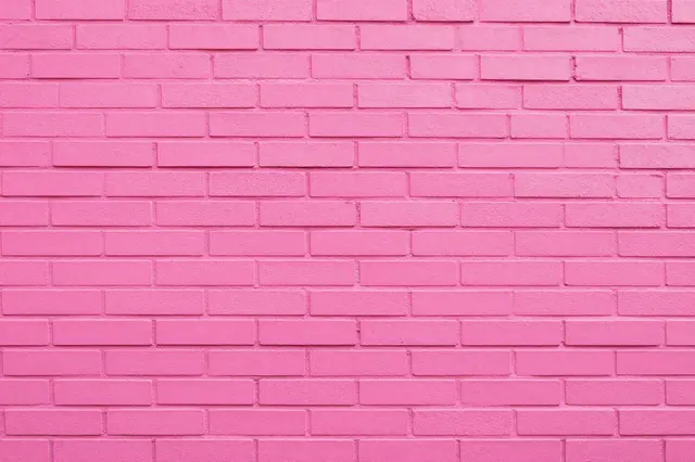 A full frame view of a wall of bricks painted a uniform bright hot pink.