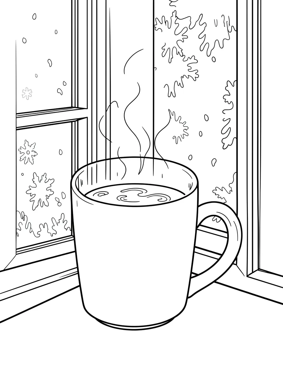 Black and white line art of a steaming mug resting on a windowsill beside frosty winter window panes