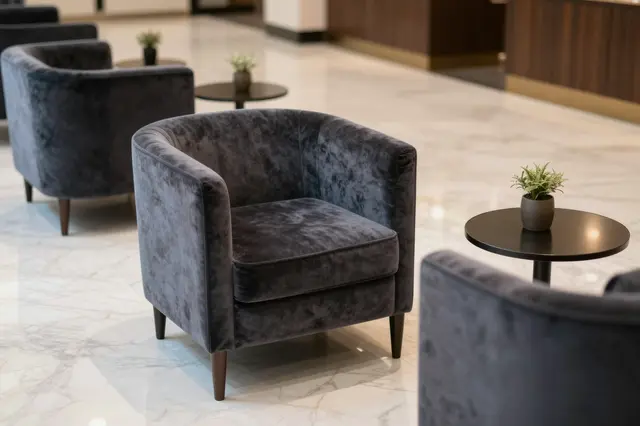 Dark gray velvet armchairs arranged with side tables and small plants in a marble hotel lobby