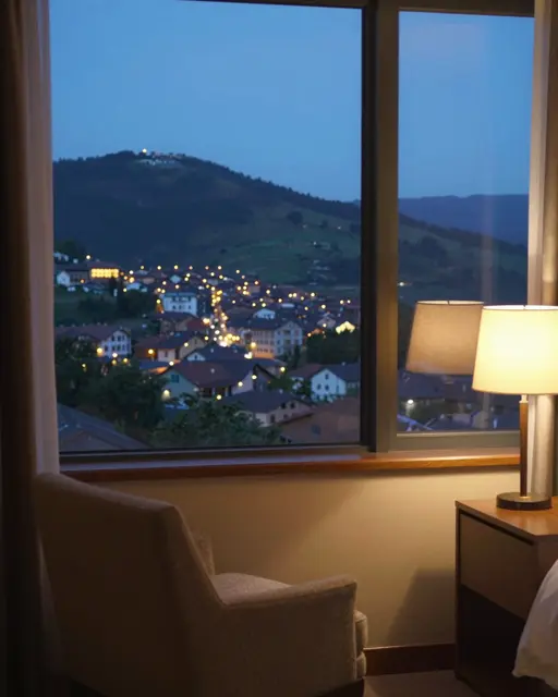 A hotel room interior at blue hour looks out over a lit hillside town through a large window
