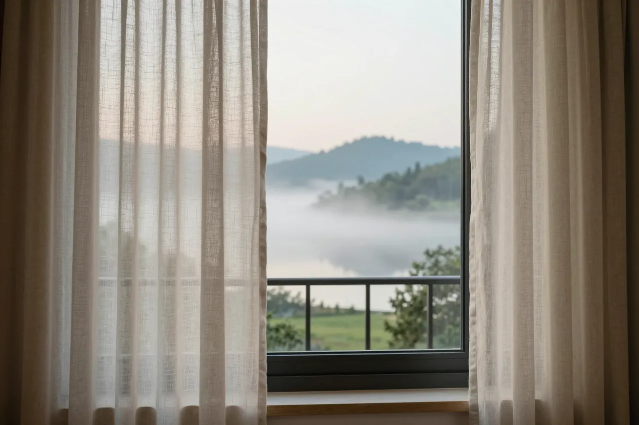 Sheer linen curtains frame a hotel window looking out over misty lake and wooded hills at soft dawn