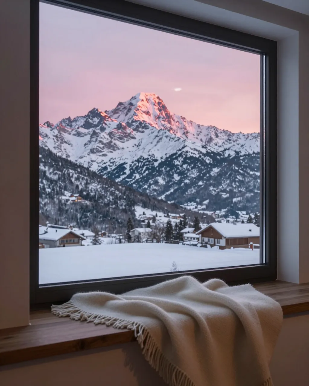 Framed by an interior window sill with a wool throw, snow-capped alpine peaks glow pink at sunset over a snowy village