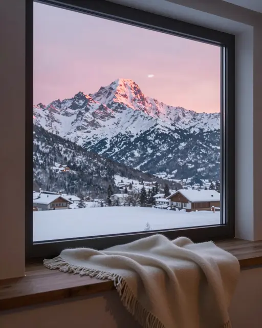 Framed by an interior window sill with a wool throw, snow-capped alpine peaks glow pink at sunset over a snowy village