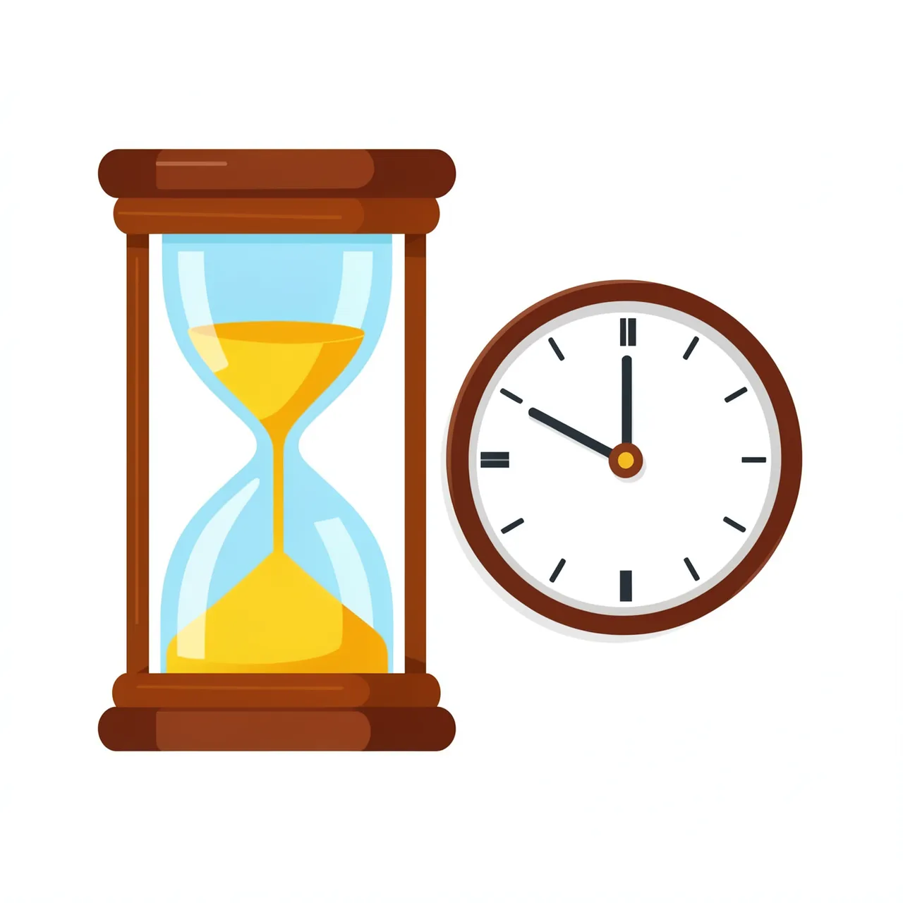 A flat illustration of a wooden framed hourglass next to a numberless clock face on a plain white background