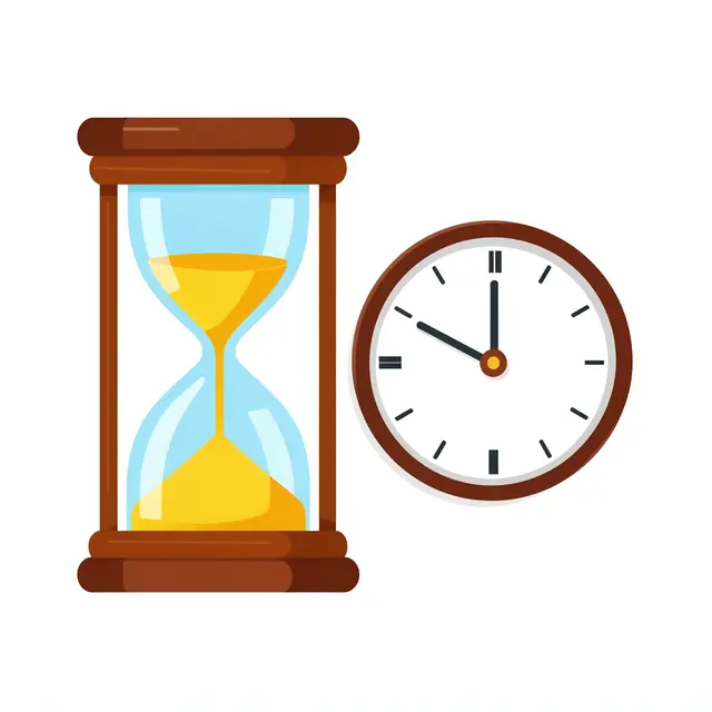 A flat illustration of a wooden framed hourglass next to a numberless clock face on a plain white background