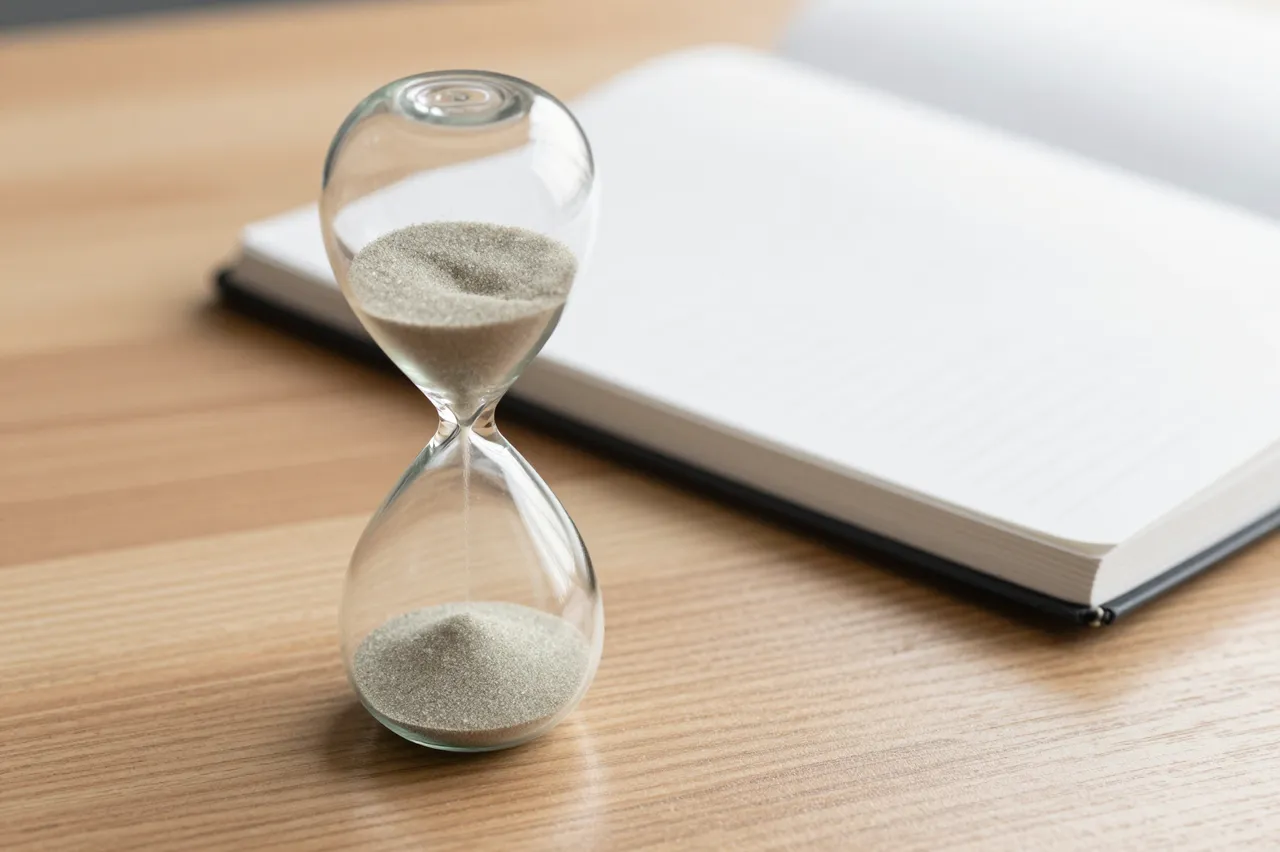 A glass hourglass with pale sand sits next to a lined notebook on a light wooden desk with soft side lighting.