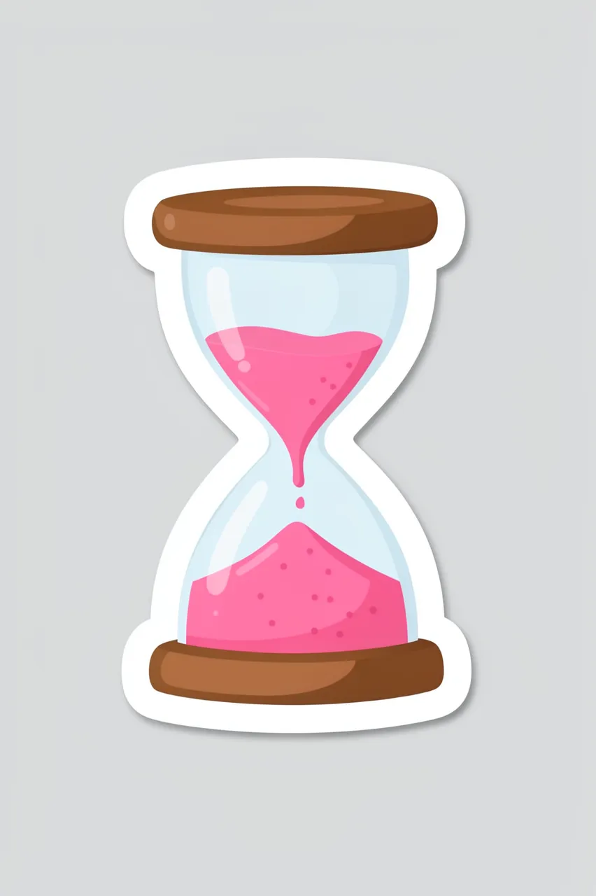 Cute flat die-cut sticker of an hourglass with pink sand resting on a light gray background