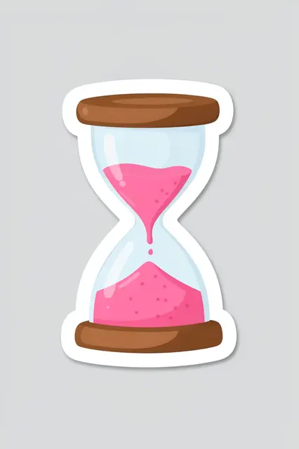 Cute flat die-cut sticker of an hourglass with pink sand resting on a light gray background