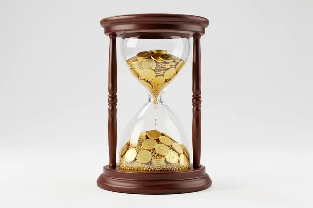 A wooden framed glass hourglass holds gold coins pouring through its narrow center against a plain light gray background