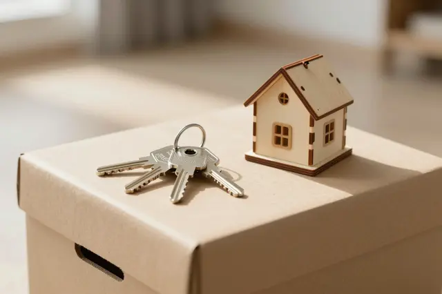 Set of house keys and a small wooden house model rest on a plain cardboard moving box in a sunlit empty room