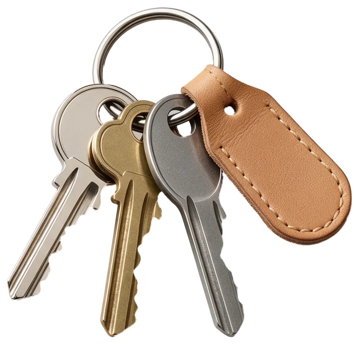 Three metal house keys on a silver keyring with a stitched tan leather tag