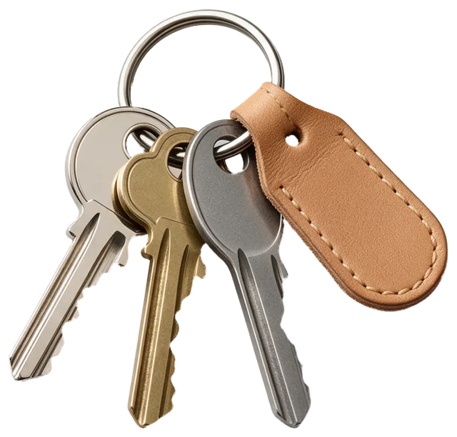 Three metal house keys on a silver keyring with a stitched tan leather tag