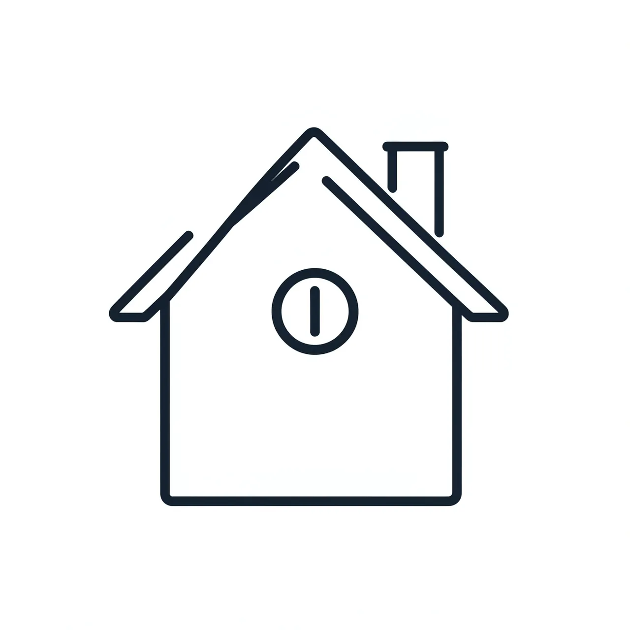 Clean single dark line icon of a house with a chimney and round window on a plain white background