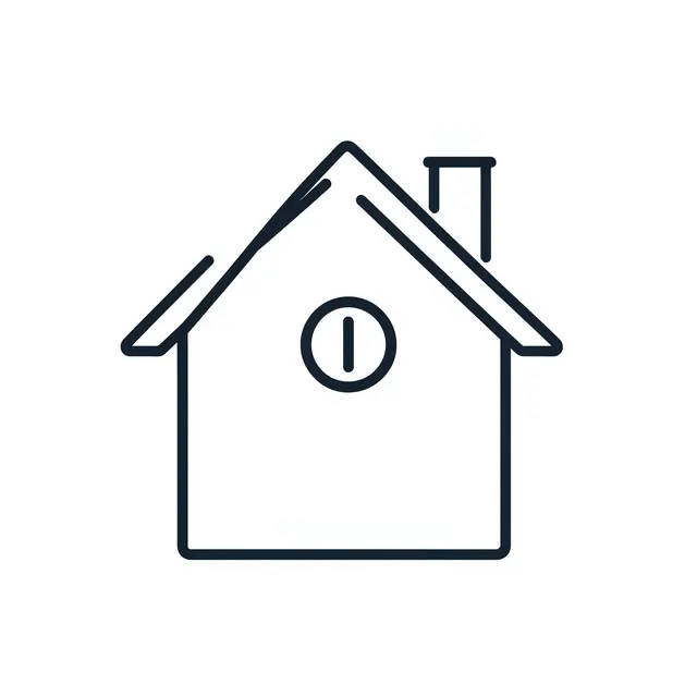 Clean single dark line icon of a house with a chimney and round window on a plain white background