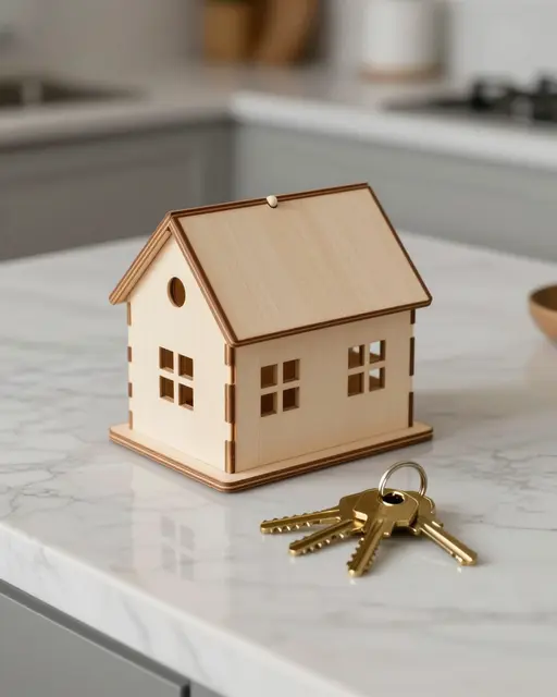 Wooden house model and brass keys rest on a marble kitchen island