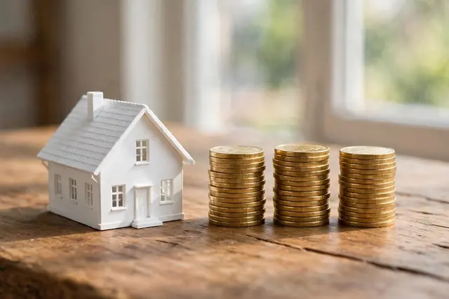 Small white miniature house sits beside three neat stacks of gold coins on a sunlit wooden table near a window.