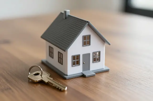 A small miniature house model sits next to a brass key on a wooden tabletop