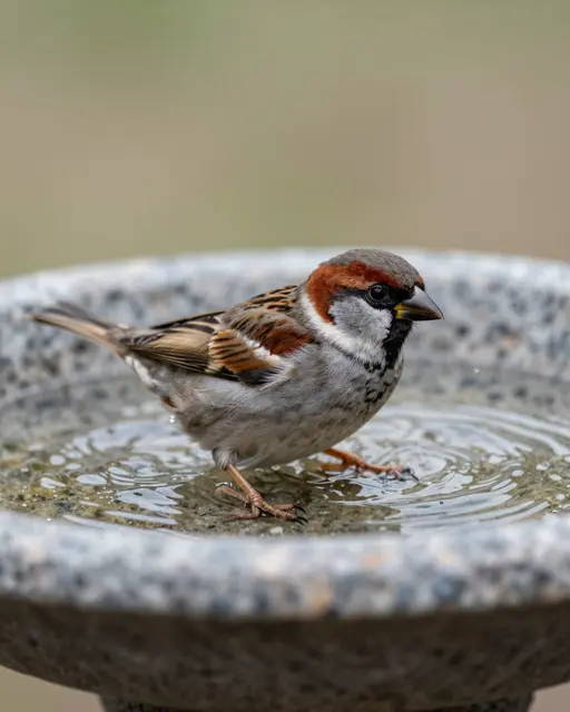 A male house sparrow stands in shallow rippled water inside a speckled stone birdbath.