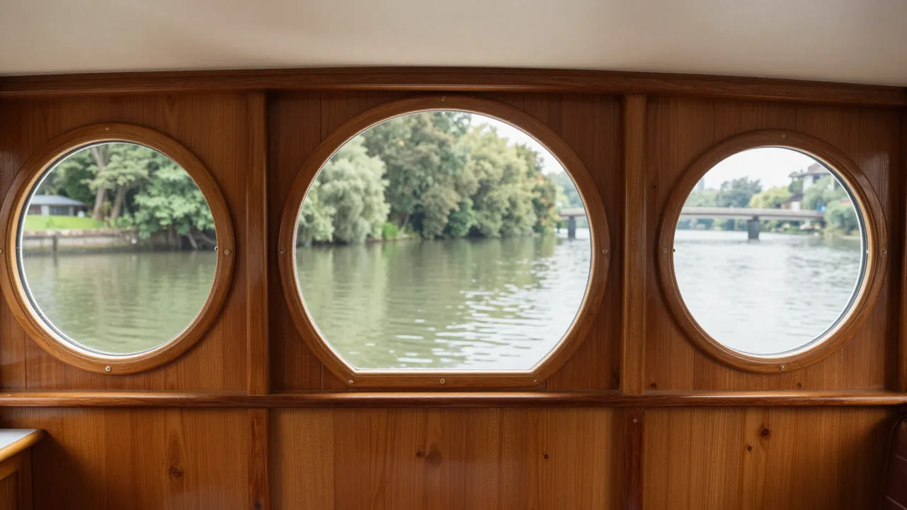 Wood paneled houseboat interior with round portholes looking out over a calm tree-lined canal