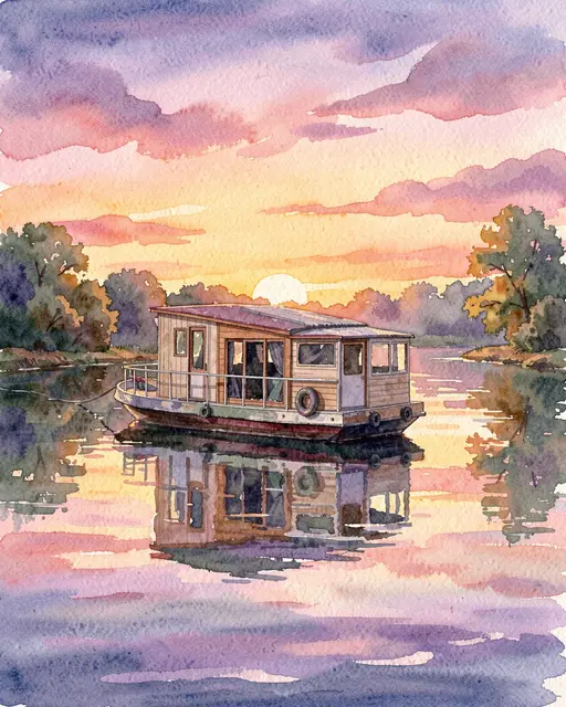 Watercolor painting of a moored houseboat reflected in calm river water at colorful sunset