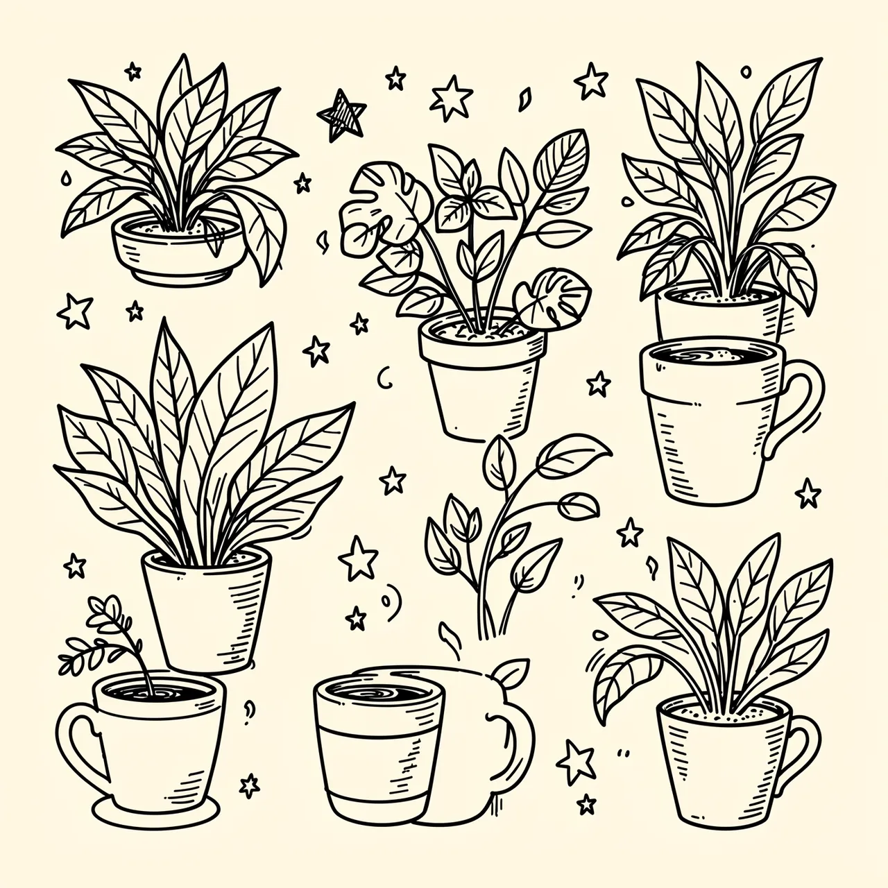Black line doodle illustration of potted houseplants, coffee cups, and scattered stars on a cream background