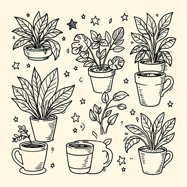 Black line doodle illustration of potted houseplants, coffee cups, and scattered stars on a cream background