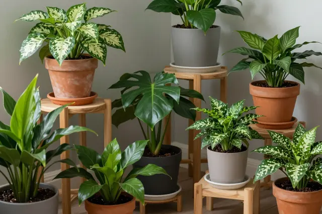 A curated group of potted houseplants arranged on light wooden plant stands in an interior corner