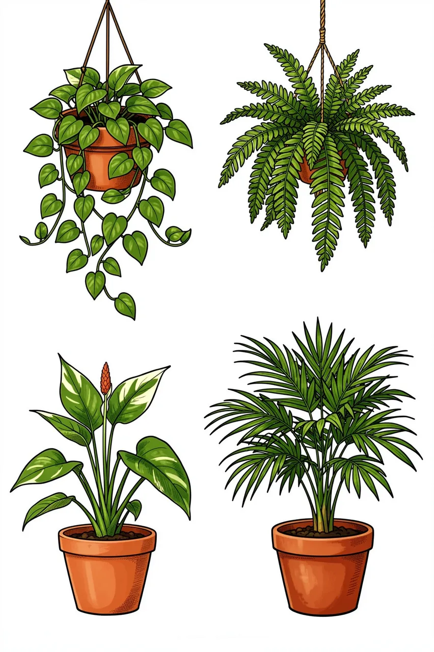 Four illustrated potted houseplants arranged against a plain white background