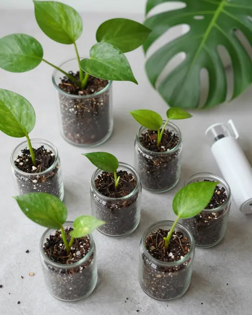 Glass jars of pothos cuttings, a plant mister and a monstera leaf arranged on a light gray countertop