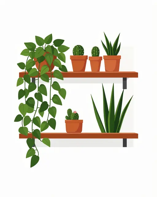 Wall-mounted wooden shelves hold potted pothos, cacti, and snake plants against a plain white background